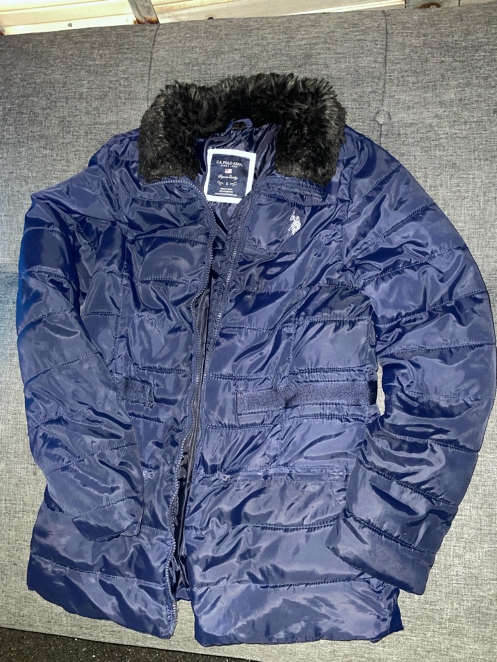 Ralph Lauren / U.S. Polo Navy Quilted Puffer Jacket with Black Faux Fur Trim
